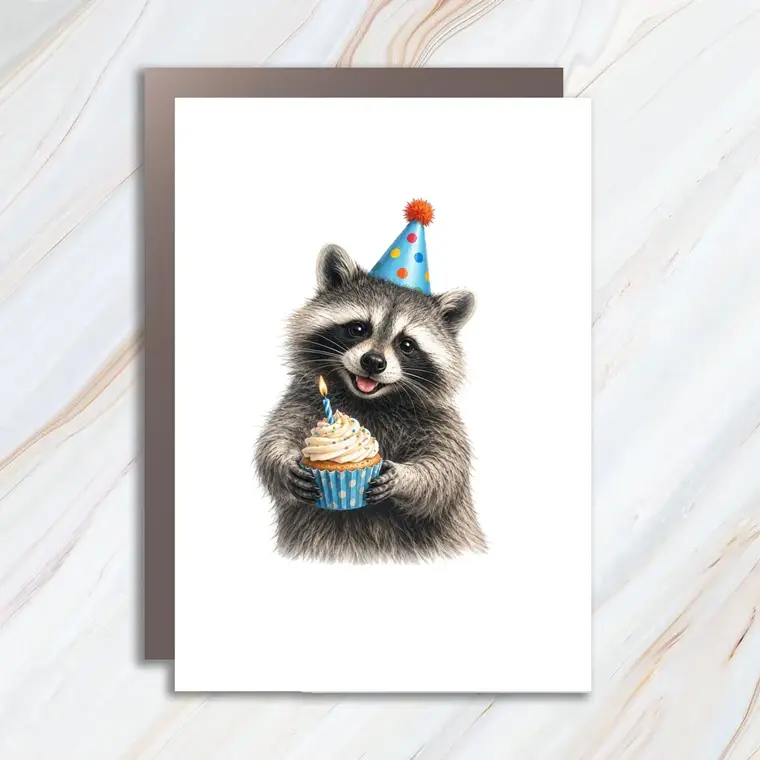 Raccoon Birthday Card, Cute Trash Panda Cupcake Greeting Card With Party Hat For Animal Lover Birthday C135