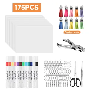 175 PCS Shrinky Plastic Sheets Kit, Including 20 Sheets Shrinky Art Paper, Acrylic Paint Markers, Tassels（random color）, Keychains, Hole Punch for Creative Crafts and Keychain Making ﻿