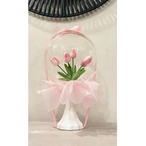 Blush Bloom - Soft Pink Tulips in Crystal Clear Balloon with Satin Bow & Elegant Ribbon Base for Romantic Gifts & Special Occasions