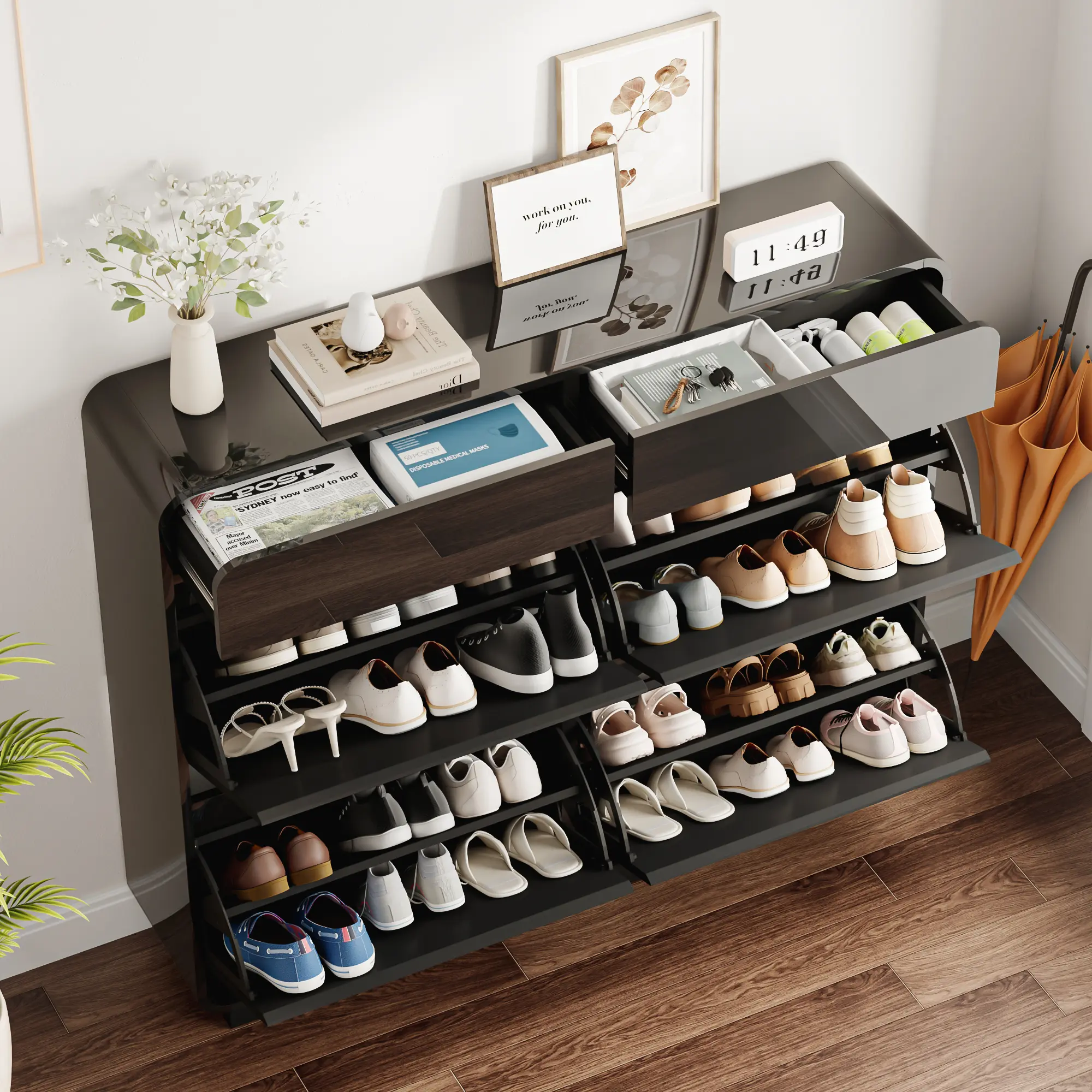 Shoe Cabinet with Large Flip Drawers & Top Storage Drawers, Modern Narrow Shoe Organizer with Adjustable Shelves, High Glossy Shoe Storage Cabinet for Entryway, Hallway, Front Door, Apts Black/White