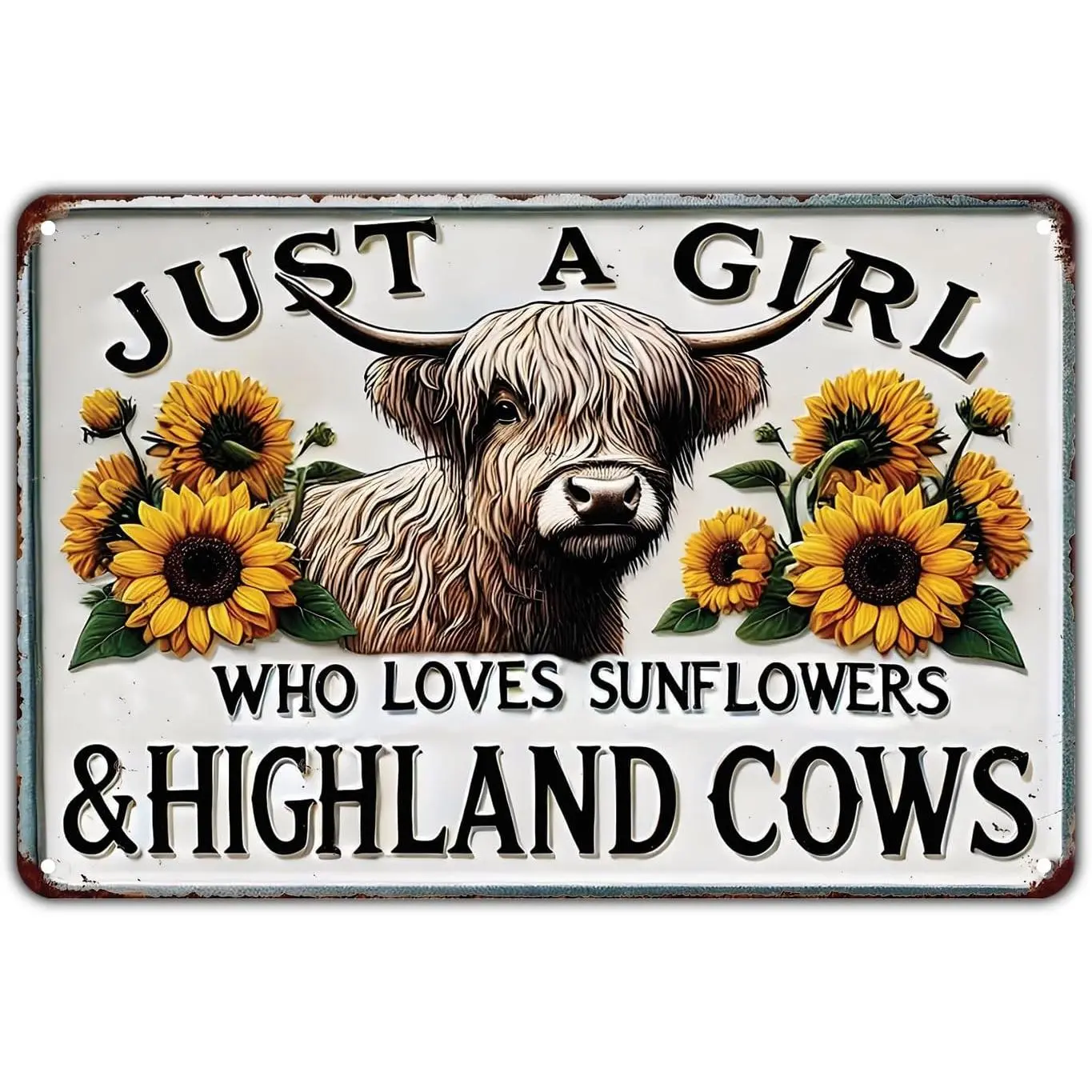 Highland Cow Sunflower Tin Sign Vintage Metal Decor 8x12 inches for Garden Yard Bar Porch Home Bedroom Kitchen Wall Art Gift Rectangle Design Rustic Design