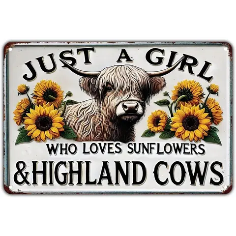 8x12 in Lightweight Aged Vintage Metal Sign - Rectangular Highland Cow Sunflower Plaque, Indoor Outdoor Home Decor, Garden Gift, Animals Flowers Themed Wall Art