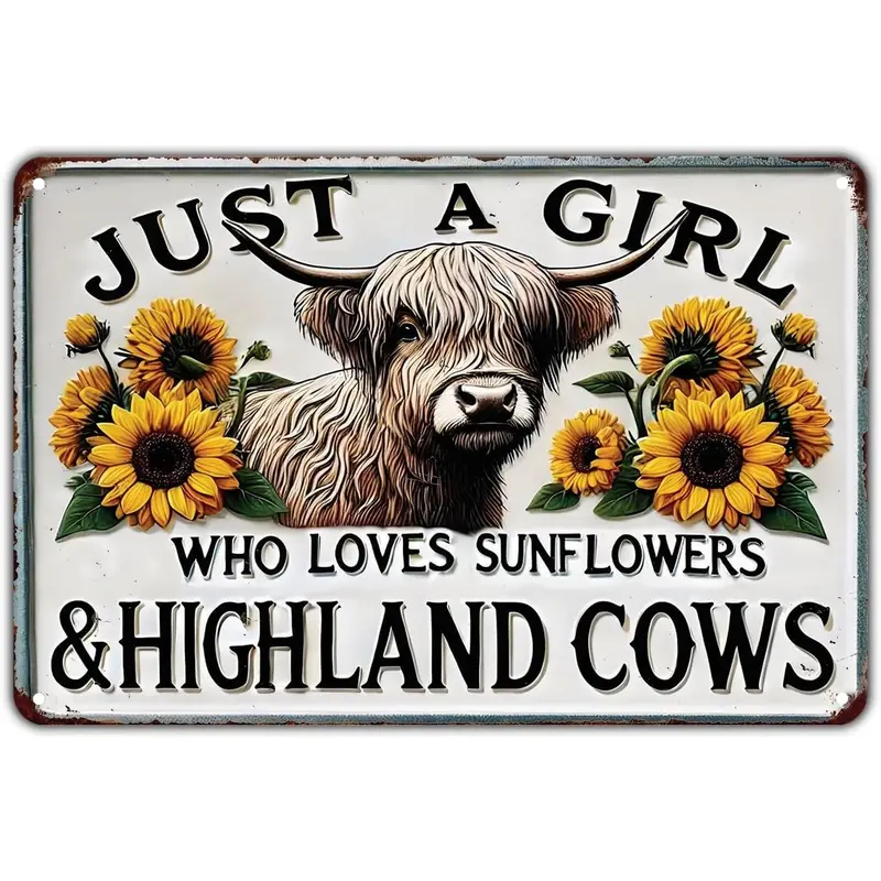 8x12 in Lightweight Aged Vintage Metal Sign - Rectangular Highland Cow Sunflower Plaque, Indoor Outdoor Home Decor, Garden Gift, Animals Flowers Themed Wall Art