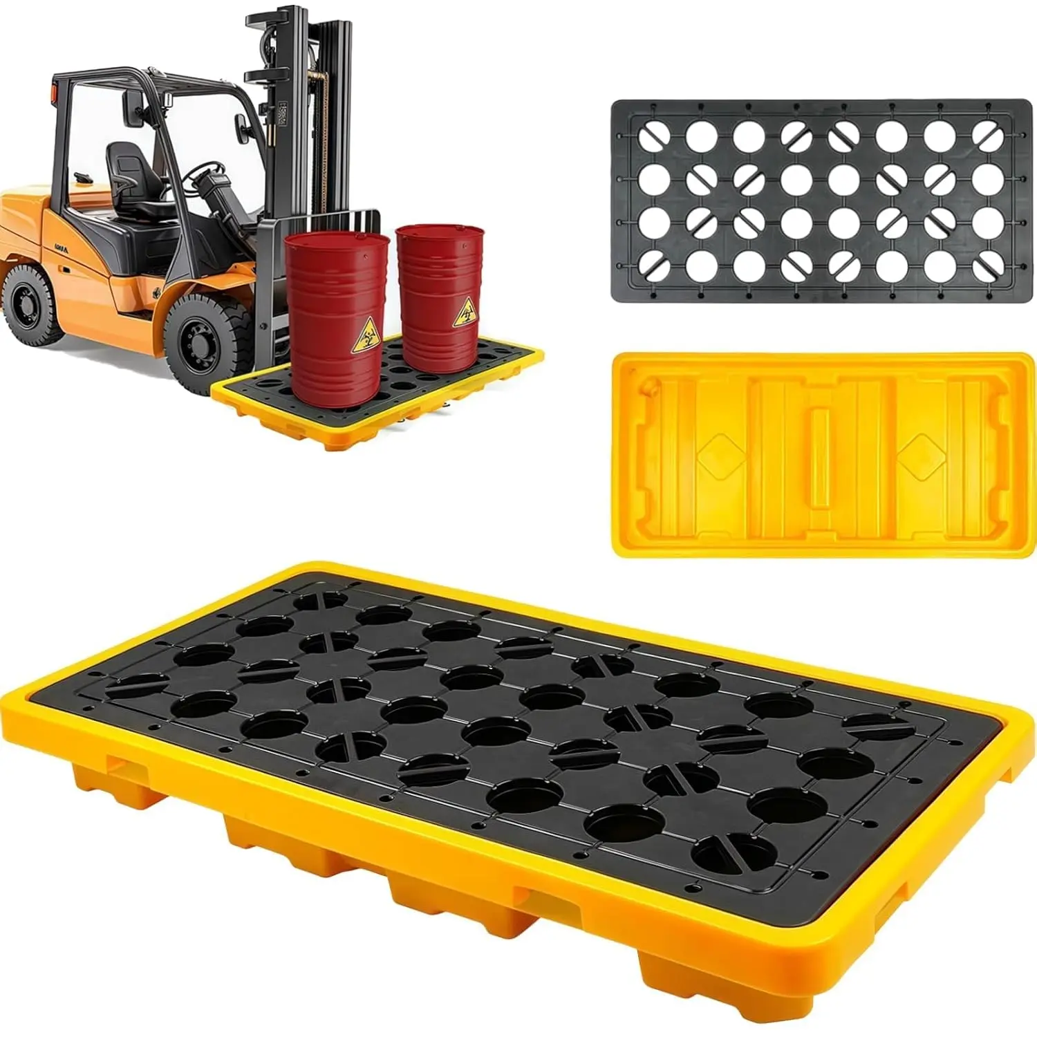 2 Drum Spill Containment Pallet, 51.2" x 26.8" x6", with grated Drain outlets and Forklift Pockets, Spill Platform for Indoor and Outdoor Storage of Goods, 4400lbs Load Capacity, 20 Gallon Sump