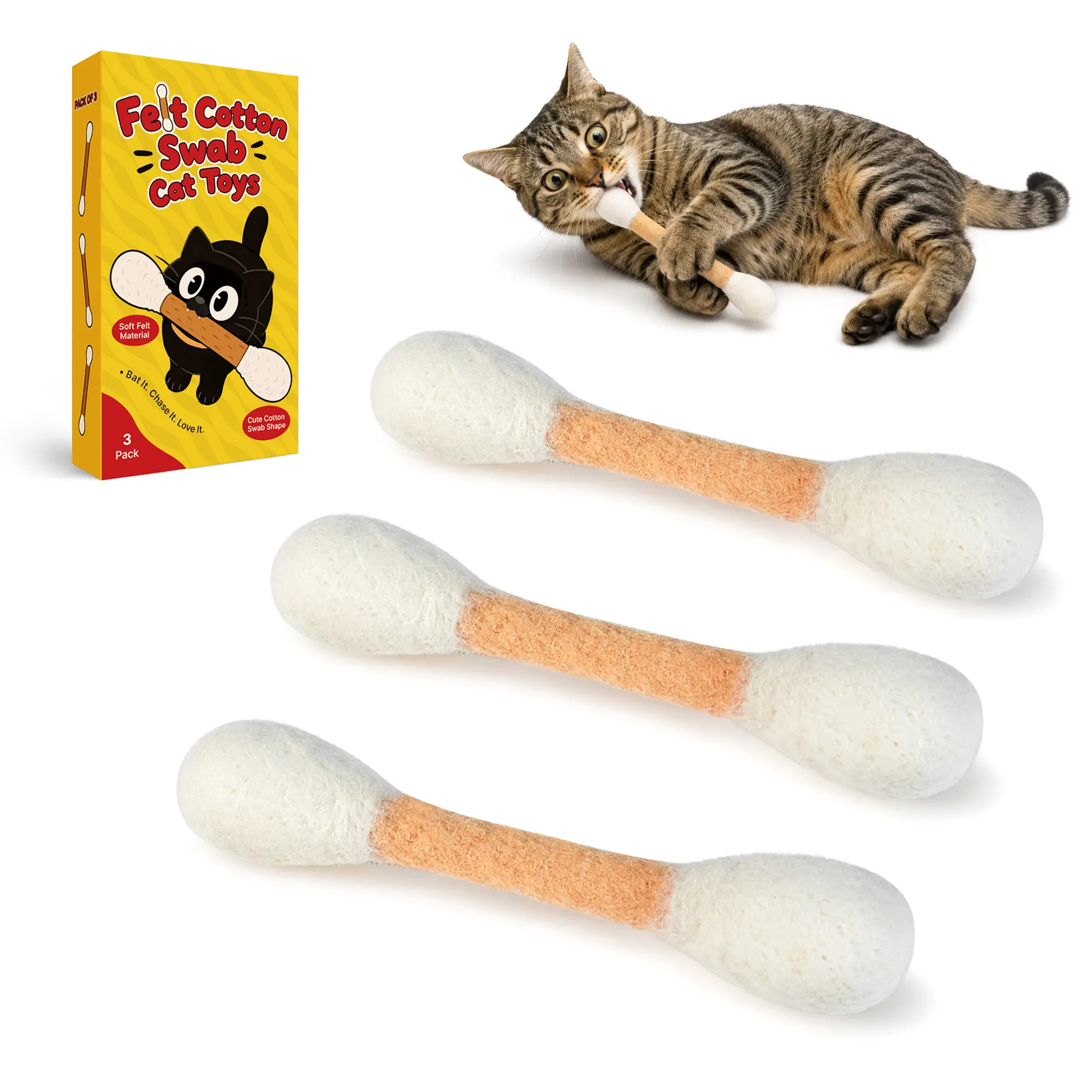 Potaroma 3-Pack Handmade Soft Natural Felt Cotton Swab Cat Chew Toys, Infused with Natural Herbal Scent, Gentle Teething Interactive Indoor Pet Toys with Reusable Airtight Scent Bag