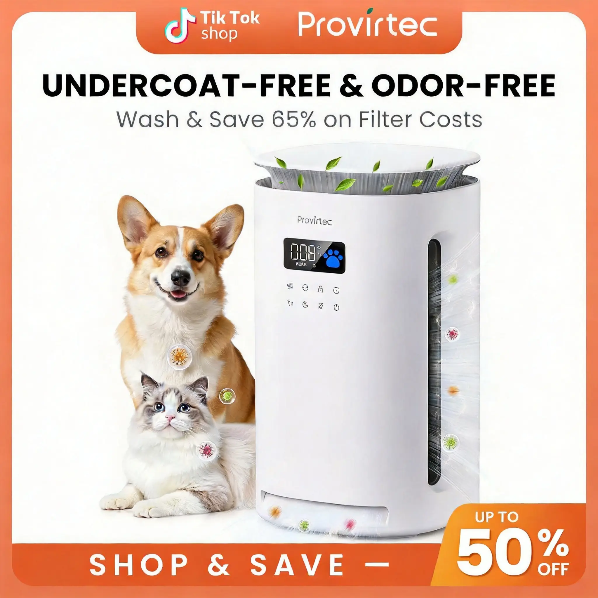Provirtec Pawtent Pet Air Purifier for Home Kitchen Living Room, DC-Powered ABS-Body, H13 True HEPA Filter for Allergy Relief, Captures Floating Cat&Dog Hair&Dander, Includes 3 Washable Replacement Pre-Filters
