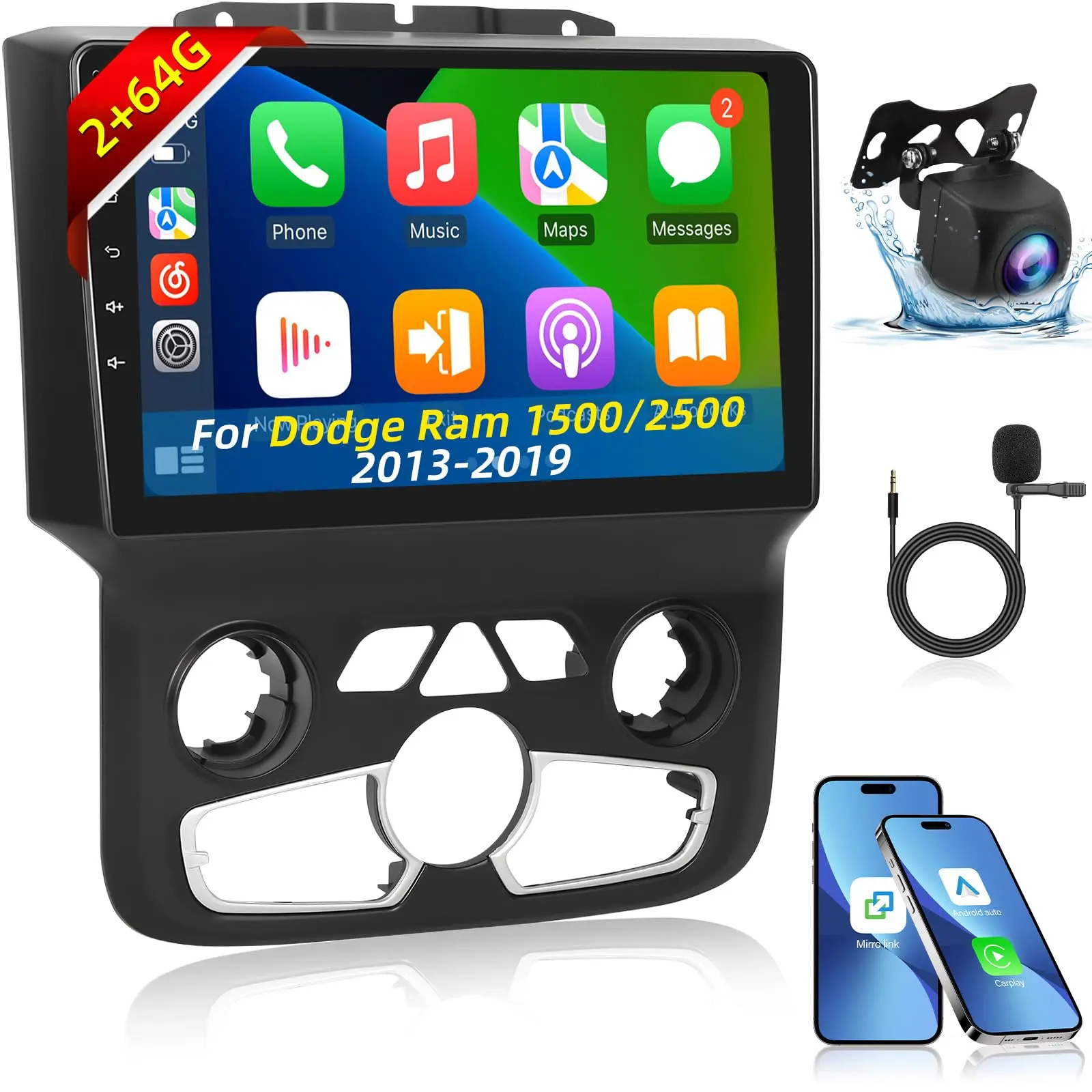 9 in Capacitive Touch Car Audio System with Antenna for Dodge Ram (2013-2019 Automatic AC) - Front Crisp Taps Screen, Android 13 Radio, Wireless CarPlay, Android Auto, GPS Navigation, WIFI, EQ, SWC, AHD Backup Camera, Hands-Free Calls Stay Safe