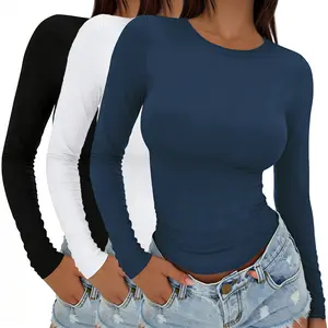 【Limited time deal】Women's 3-Piece Long Sleeve Crop Top Basic Crew Neck Underscrubs Soft Casual Streetwear