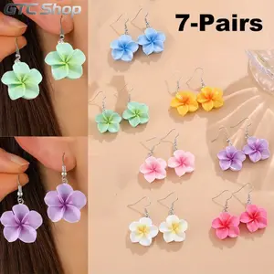 7 Pairs Bohemian Flower Dangle Earrings Set, Handmade 3D Plumeria Earrings, Vibrant Retro Candy Color Design, Elegant Chic Beach Jewelry, Cute Stylish Accessories for Vacation, Travel and Daily Casual Outfits
