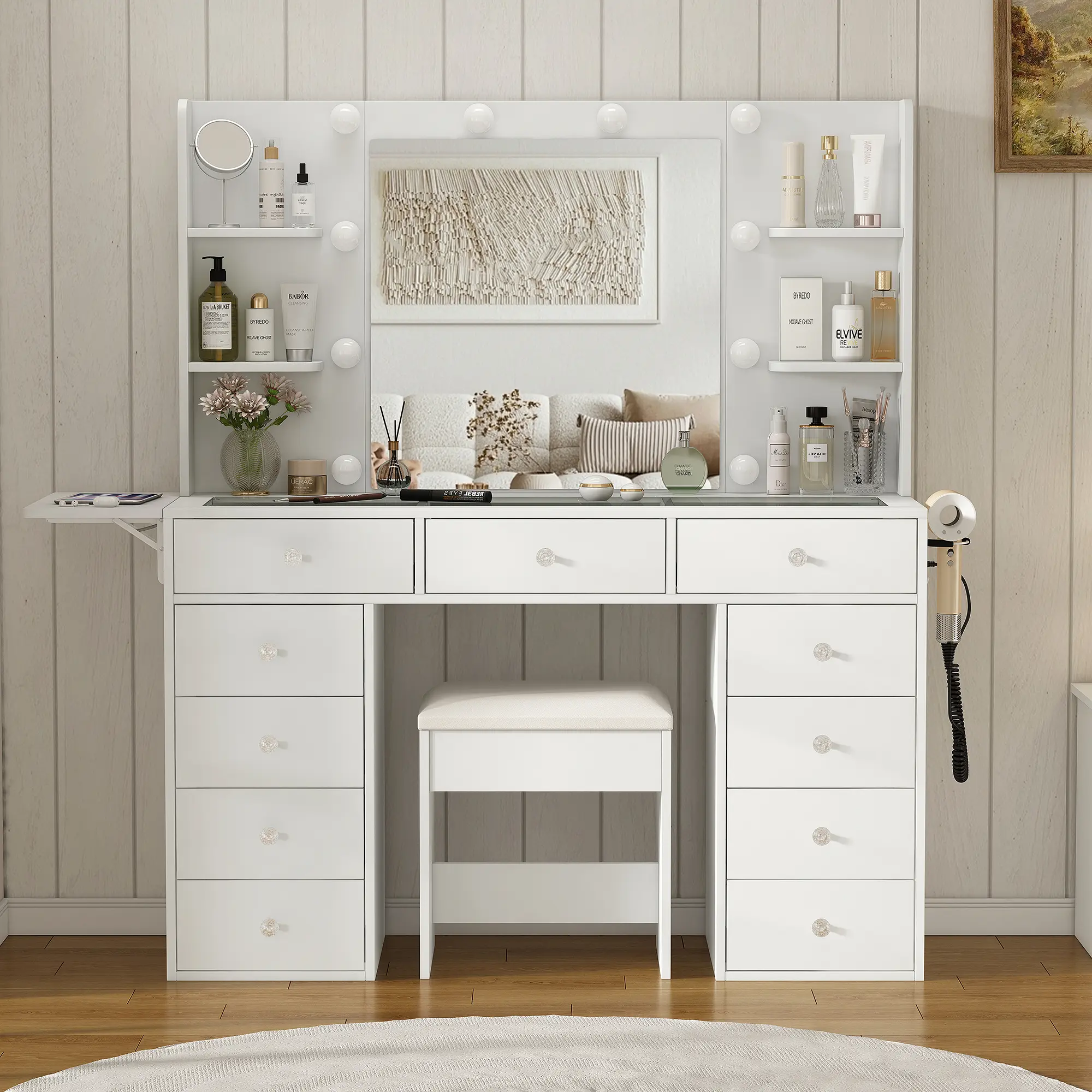 FUSOU 47" Makeup Vanity Set with Sturdy Glass Top, 11 Drawers, 4 Storage Shelves, Fold-Up Panel, Power Outlet, Large Waterproof Lighted Mirror (3-Color Adjustable) & Chair, for Bedroom, Dressing Room (Shipped in 2 Packages)