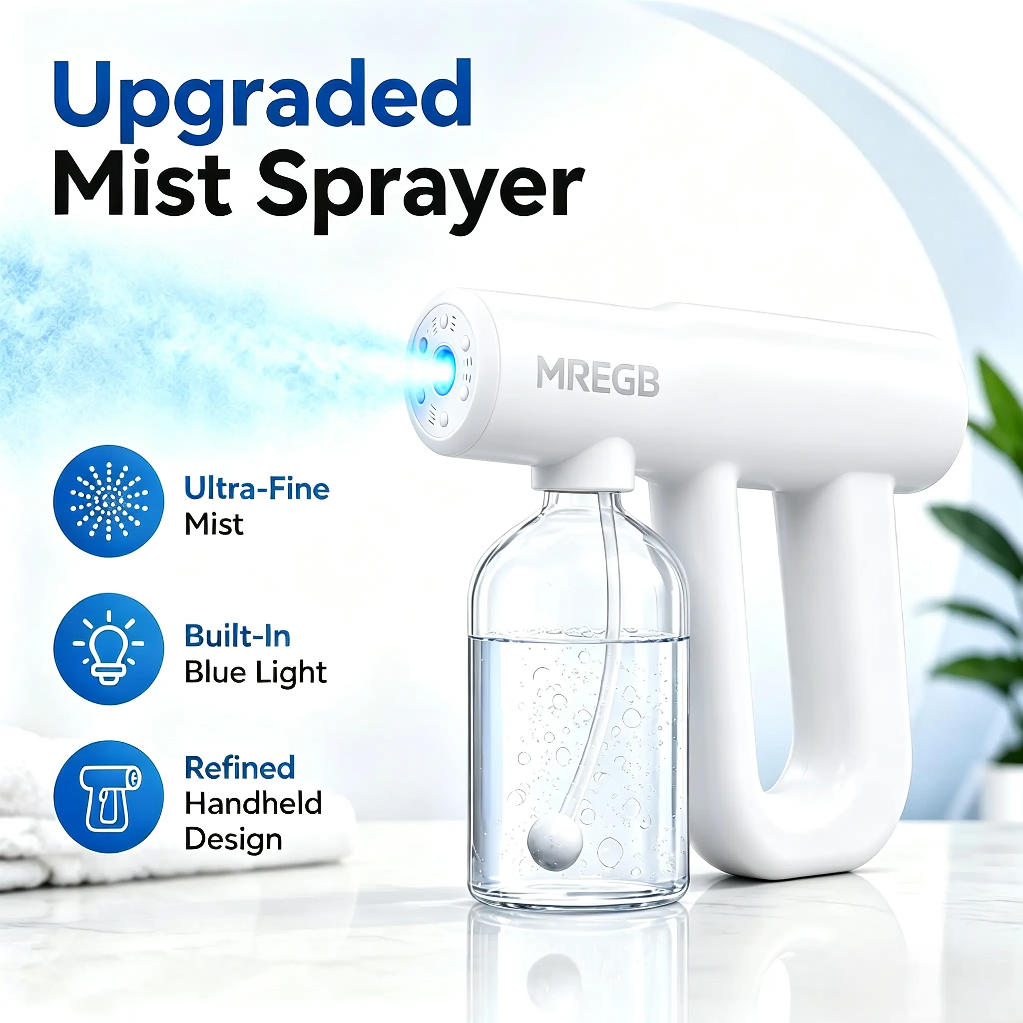 MREGB Professional Nano Spray Gun & Blue Light Nebulizer, ONLY THE SPRAY GUN, NO DISINFECTANT LIQUID INCLUDED. Cordless Rechargeable Fine Mist Atomizer. Portable Disinfectant Sprayer for Barber, Salon, Home Cleaning & Car Interior
