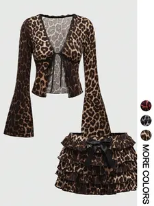 Women's Sexy Fitted Leopard Print Long Sleeve Crop Top with Front Tie, Pleated Leopard Print Mini Skirt 2 Piece Set, Fashionable Chic Party Outfit Womenswear