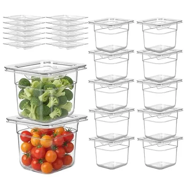 12 Pack 1/6 Size Polycarbonate Food Pans with Lids, 6 Inch Deep Stackable Clear Storage Trays, Commercial Grade Containers for Kitchen, Fridge, Hotel and Catering Use