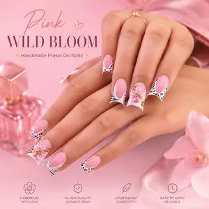 24pcs Long Duck Bill Y2K Style Nail Tips, Nude French Tip False Nails, Cow Print, Zebra Print, 3D Flower, Gold Bead Design, Glossy Finish