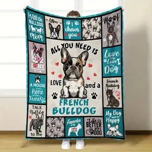 Quilted Cozy Flannel Throw Blanket with Adorable French Bulldog Print - Soft Warm 280GSM Polyester, Contemporary Design for Couch, Camping - All-Season Use, Pet Lover Gift,summervibes