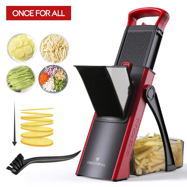 【ONCE FOR ALL】 Safe Mandoline Slicer for Kitchen - Larger Size, Adjustable Vegetable Chopper, Potato French Fry Cutter, Detachable Kitchen Utensil with Peeler (Red)