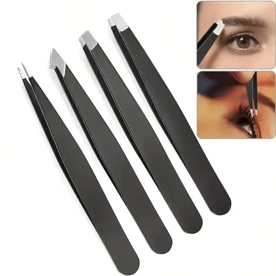4-Pack Professional Precision Slanted Tip Black Steel Tweezers Set for Facial, Chin Hair Removal - Home Supplies, Party Bags & Gifts Essential