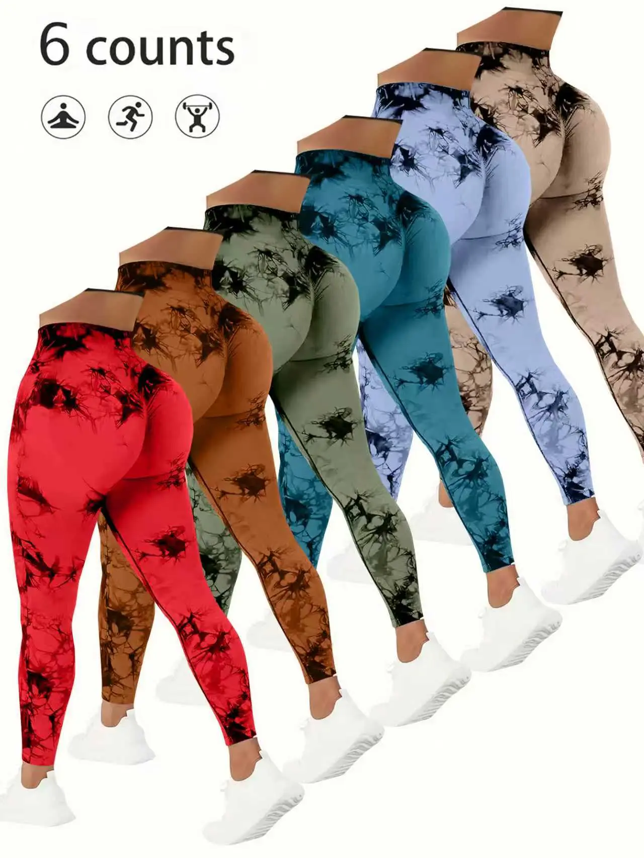 QGU Women's 6-Pack High Waist Tummy Control Shaping Leggings - Tie-Dye Pattern Knitting Fabric, Plus Size, Stretchy Peach Lift, Biking Yoga Running Tights, Assorted Colors, Made in America, Leggings Women, Plus Size Tummy Flattering Clothes