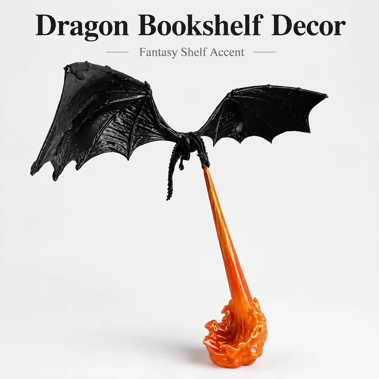 Fire Breathing Dragon Bookshelf Decor, Black Winged Dragon Statue with Red Flame or Blue Flame, Fantasy Desk Shelf Ornament for Halloween, Christmas, Thanksgiving, Birthday, Housewarming Gift, Gothic Room Decor for Readers and Collectors