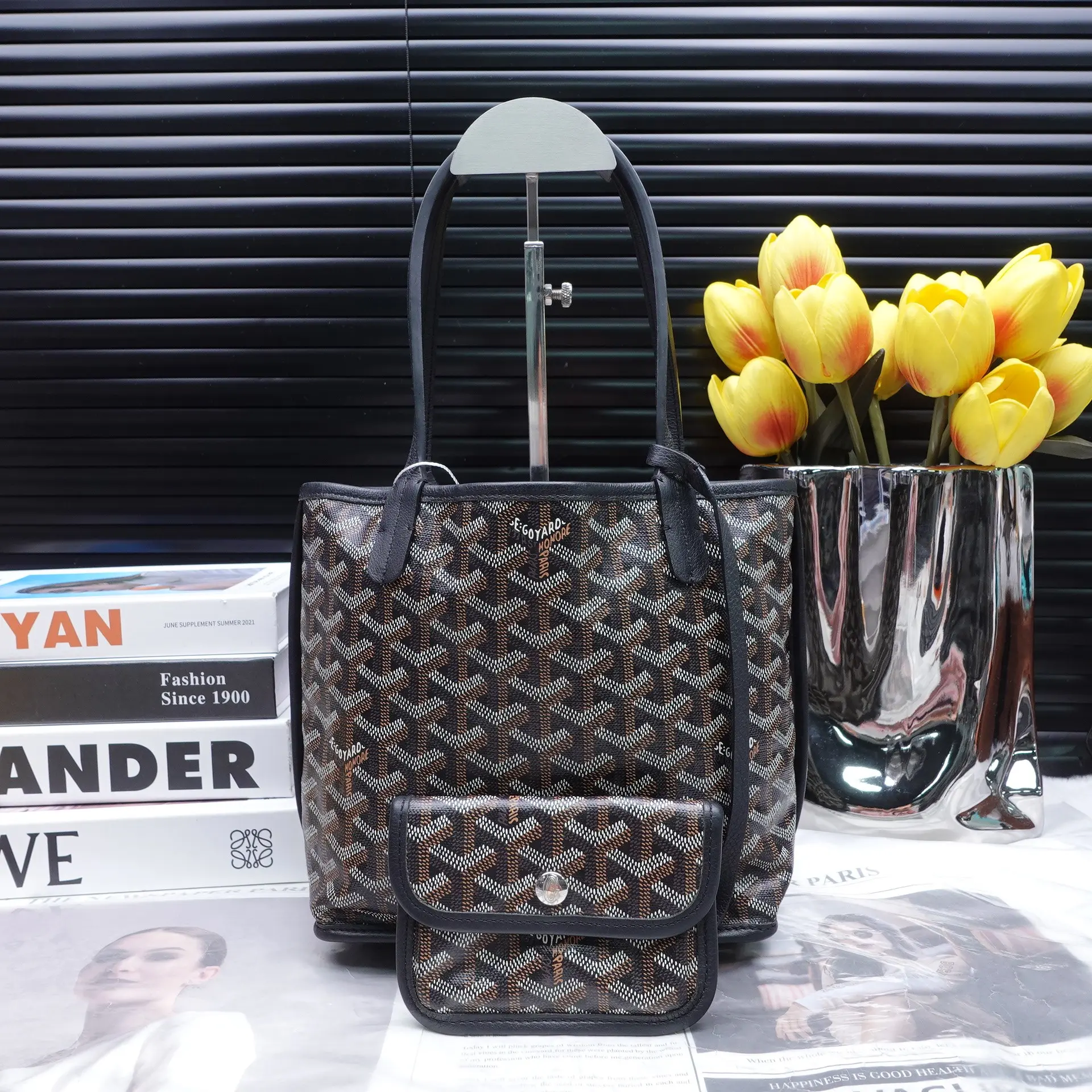 Pre-owned Goyard Coated Canvas Tote Bags Anjou Mini Black Tote Bag T10338785