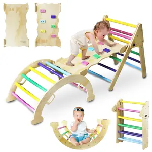 5-in-1 Non-Inflatable Wooden Multifunction Climbing Gym, Foldable Toddler Play Structure with Arch, Ramp, Ladder, Indoor/Outdoor Backyard Playground Equipment