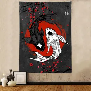 Japanese Yin Yang Koi Fish Tapestry, Cool Red and Black Anime Sakura Art Tapestries Vertical Wall Hanging for Men Bedroom Living Room Office Decor 40X60", Asian Cherry Blossoms Poste