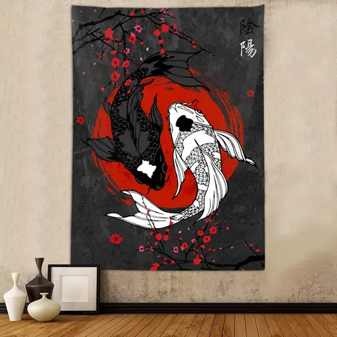 Japanese Yin Yang Koi Fish Printed Fabric Tapestry - 40x60in Red-Black Anime Sakura Vertical Wall Hanging, Cotton-Polyester, Durable Lightweight Colorfast Interior Decor for Men's Room Decor, Outdoor Asian Wall Art, Decoration, Home