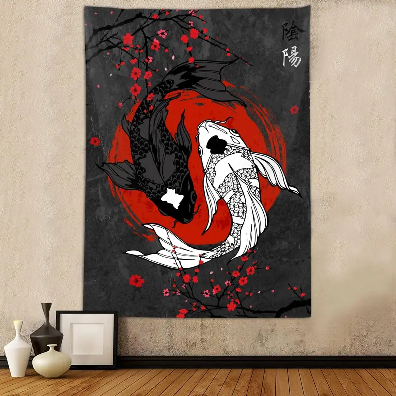 Japanese Yin Yang Koi Fish Printed Fabric Tapestry - 40x60in Red-Black Anime Sakura Vertical Wall Hanging, Cotton-Polyester, Durable Lightweight Colorfast Interior Decor for Men's Room Decor, Outdoor Asian Wall Art, Decoration, Home