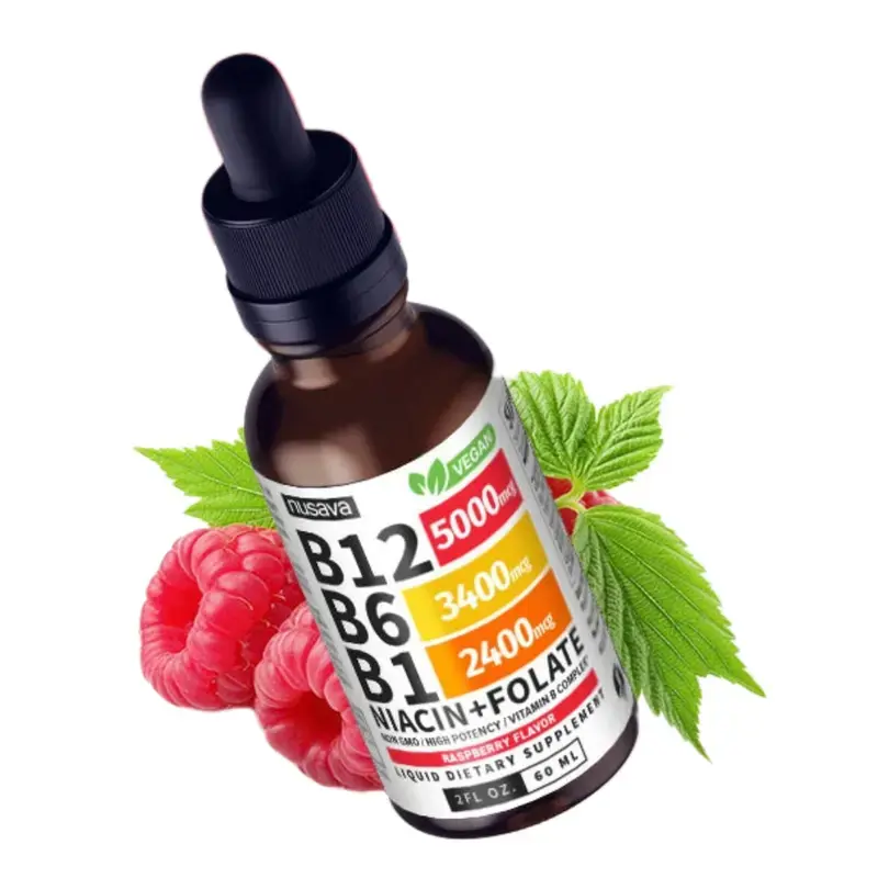 Vitamin B12 Liquid Edible Supplement Drops with B6, B1, Niacin & Folate for Energy, Brain & Heart - Raspberry, & Strawberry 27,200 mcg per Serving, 4 fl Oz