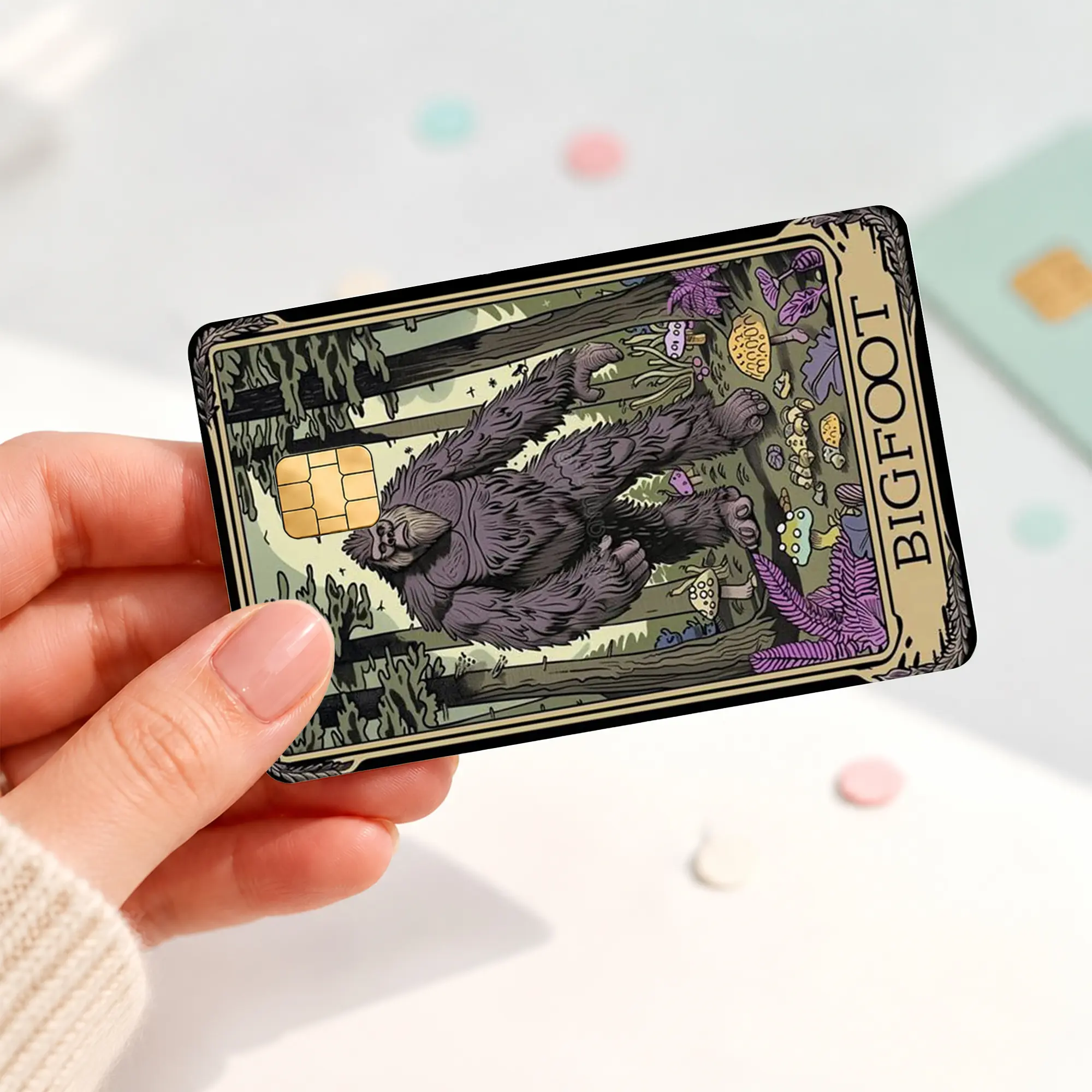 Bigfoot Tarot Credit Card Skin, Sasquatch Forest Debit Card Sticker, Mystical Mushroom Woodland Bank Card Cover, Vintage Cryptid Chip Card Decal, Bigfoot Lover Gift
