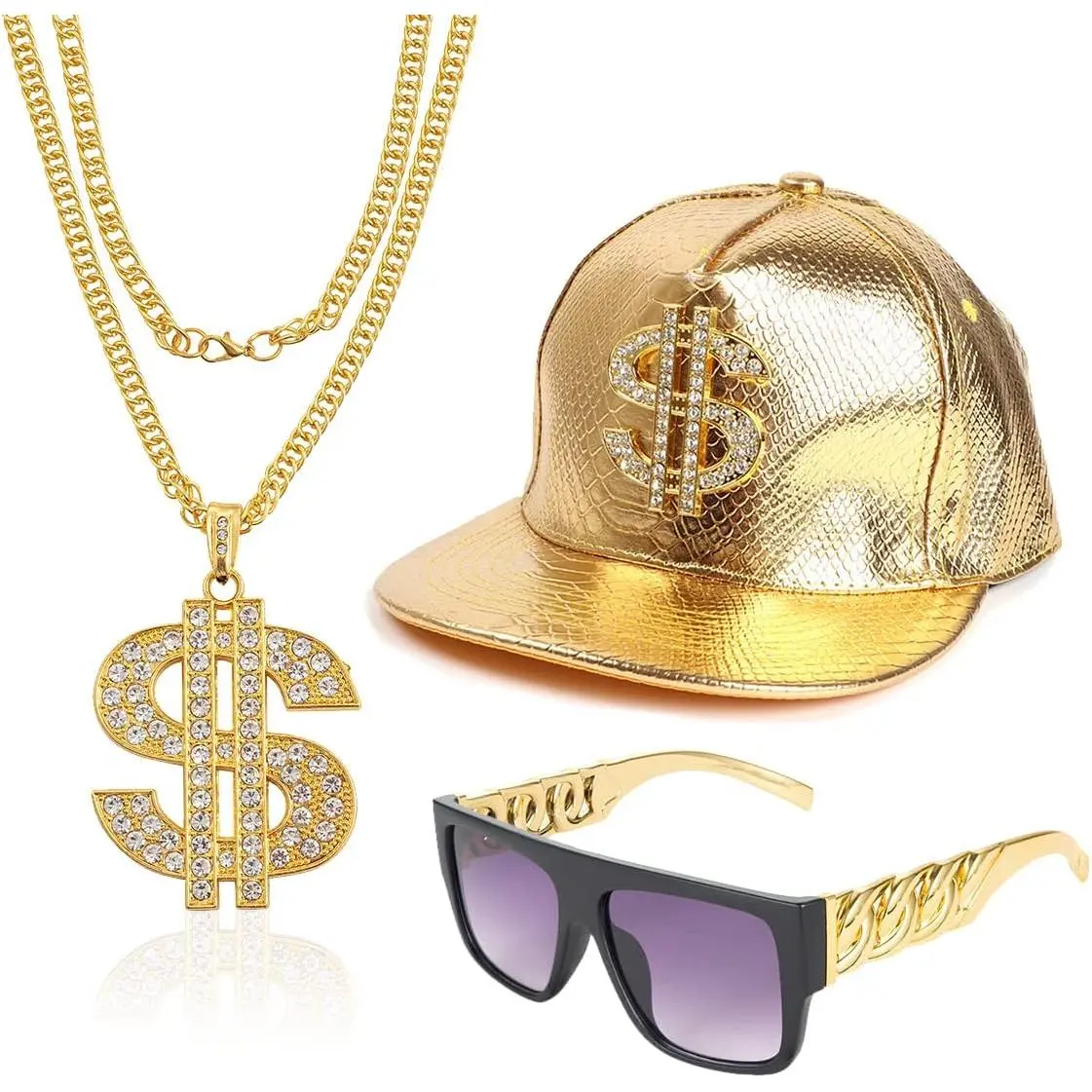 Vintage Gold Jewelry Set - Retro 80s/90s Hip Hop Costume Accessories Kit with Rapper Hat, Sunglasses, Dollar Sign Pendant Necklace, Vintage Jewelry Set