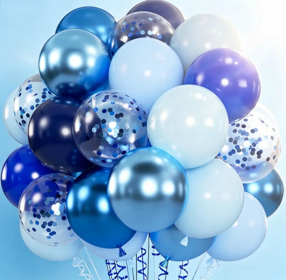 100-Piece Blue Round Thick Latex Balloon Bouquet Kit - 12-in Durable, Long-Lasting Balloons with Assorted Metallic, Pearl, Confetti Styles & Ribbon for Christmas, Birthday, Wedding Indoor Recreation Decor