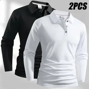 Set of 2: men’s long-sleeve polo shirts featuring a classic solid color design. Versatile golf and casual button-collar styles suitable for business casual wear and weekend outings; men’s tops.