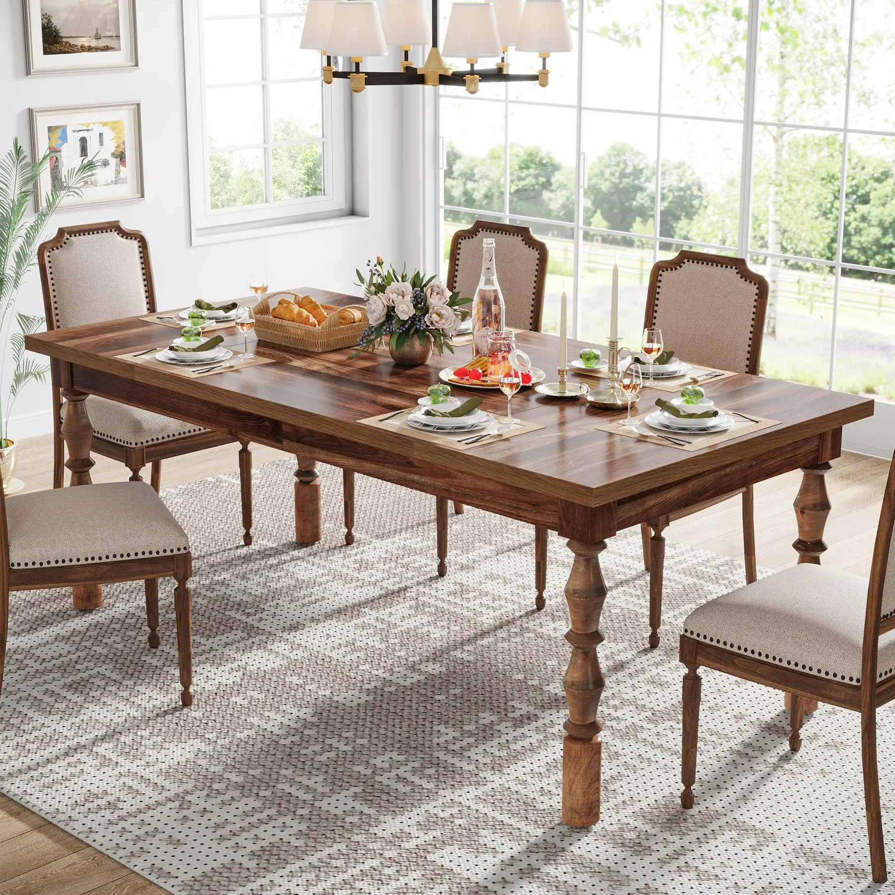 Spaco 62-Inch Farmhouse Wood Dinner Table Set - Large Rectangular Wood Table with Carved Turned Legs, Adjustable Leveling Ft, Rustic Commercial Restaurant Furniture for 4-6 People, Ideal for Modern Kitchens, Adjustable Leveling Feet
