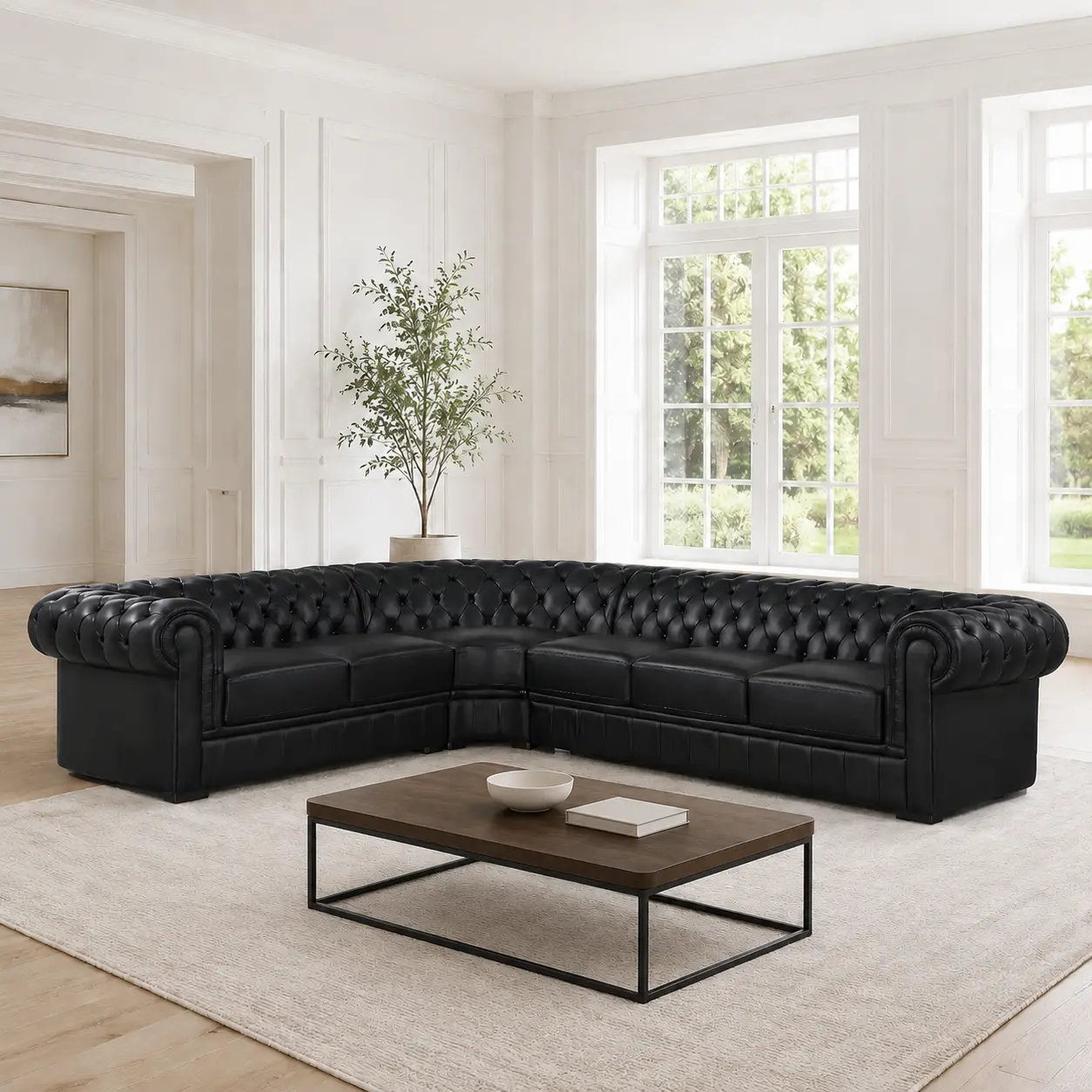 Top-Grain Leather Chesterfield L-Shaped Sectional Sofa with Rolled Arms