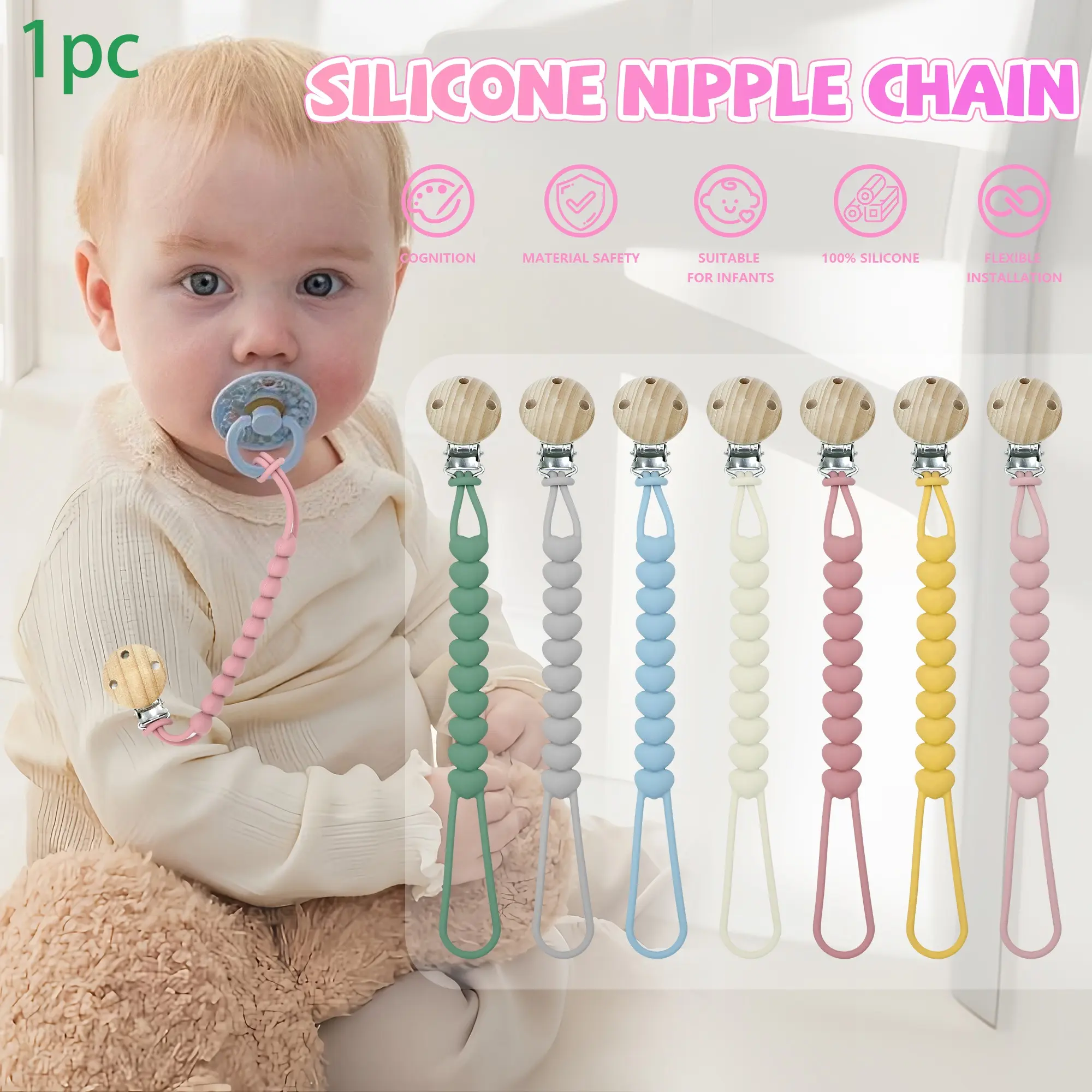 Silicone Pacifier Clip Heart Shape Cute Silicone Pacifier Chain Baby Pacifier Anti-Lost Strap Toy Lanyard Suitable for Newborn Boys and Girls New Parents Essential