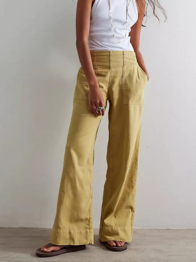 Womens Denim Pull-On Jeans Pockets High Waisted Baggy Straight Leg Stretchy Full Length Trousers