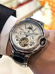 Men's Luxury Business Mechanical Watch, Mechanical Style Watches, Analog Watch, Round Dial, Hollow Design, Automatic Wind-Up, Leather Strap, Multifunctional Display, Fashion Accessory