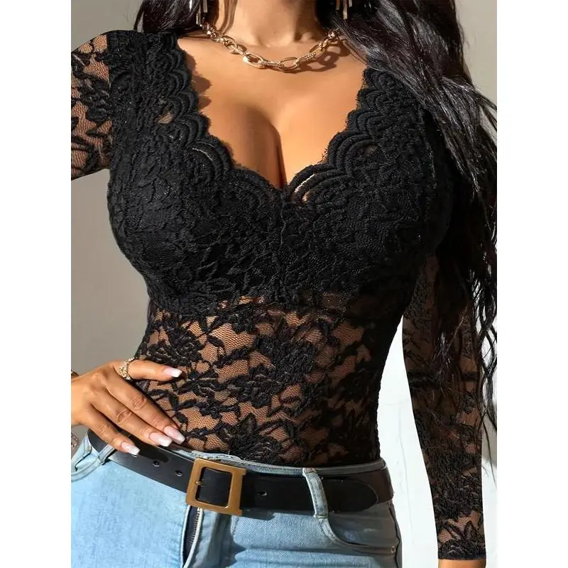 Women's Feminine Woven Lace Blouse - Black, Netting Fabric, Flattering Fit, Convertible Short-Long Sleeve Design, Sexy, Top, Lady, Garment, M, Shirts, Solid Plain, Fitted Blouse, Breathable, Convertible Sleeve, Chic, Hand Wash Only, Slim Fit