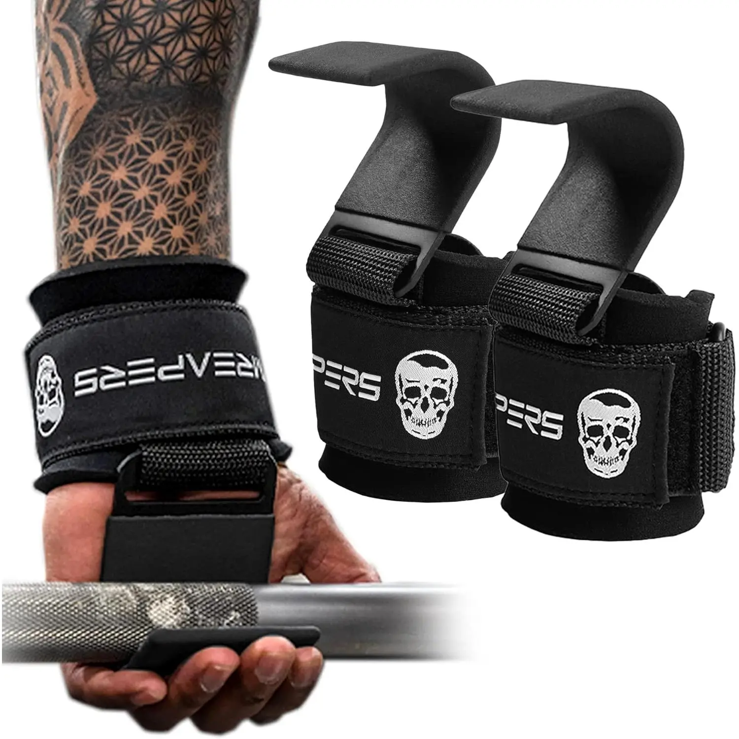 Gymreapers Weight Lifting Hooks (Pair) - Heavy Duty Workout Accessories with Adjustable Padded Power Wrist Straps for Hand Grip Support, Deadlifts, Pull Ups - For Men, Women, Padded Straps