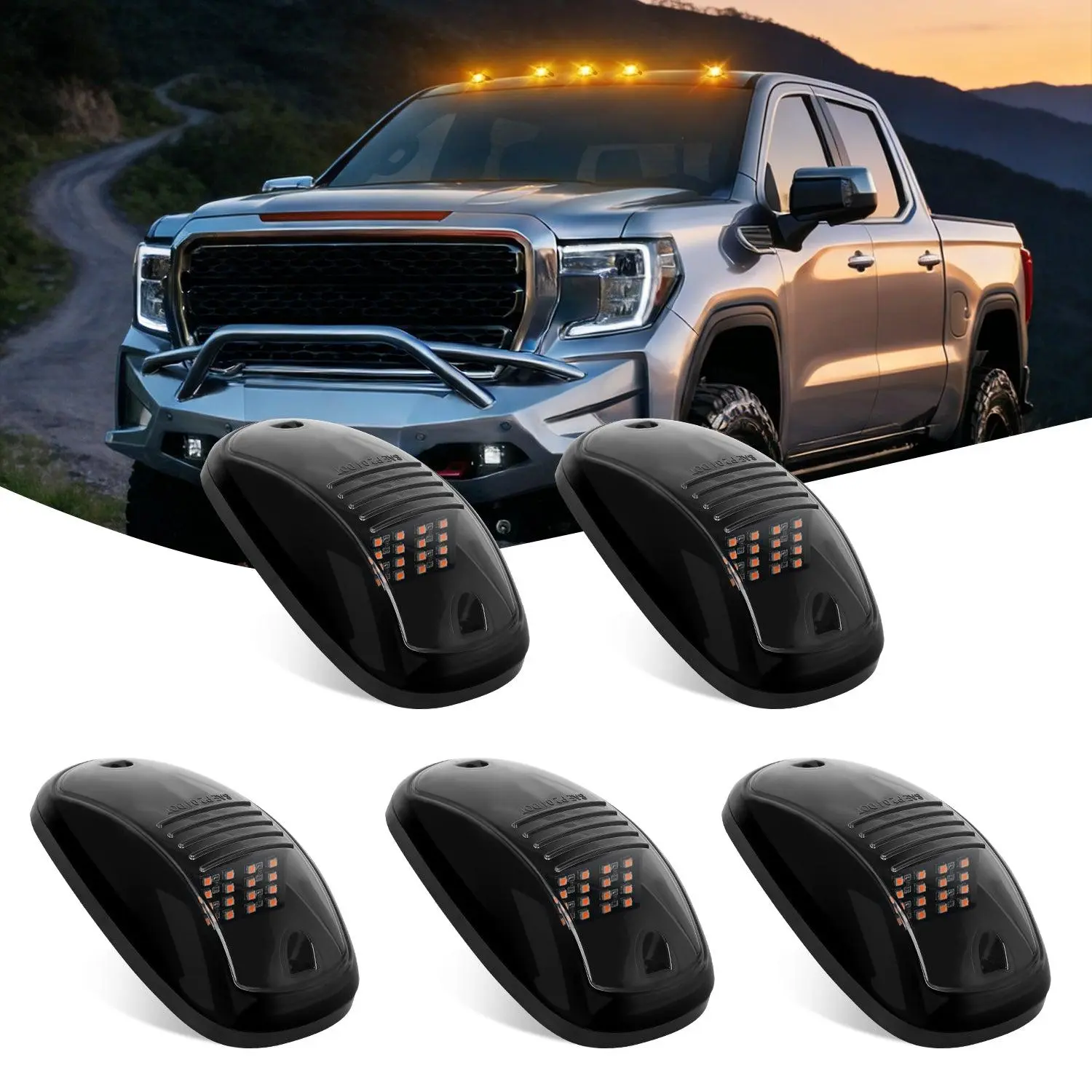 Nilight 5-Piece 16x3528 LEDs Smoked Polycarbonate Lens Amber Cab Roof Marker Kit, Waterproof Surface-Mount LED Car Lights, Plug-and-Play Switch-Included Roof Running Lights, Universal Vehicle Accessories for Ford Dodge Ram Pickups
