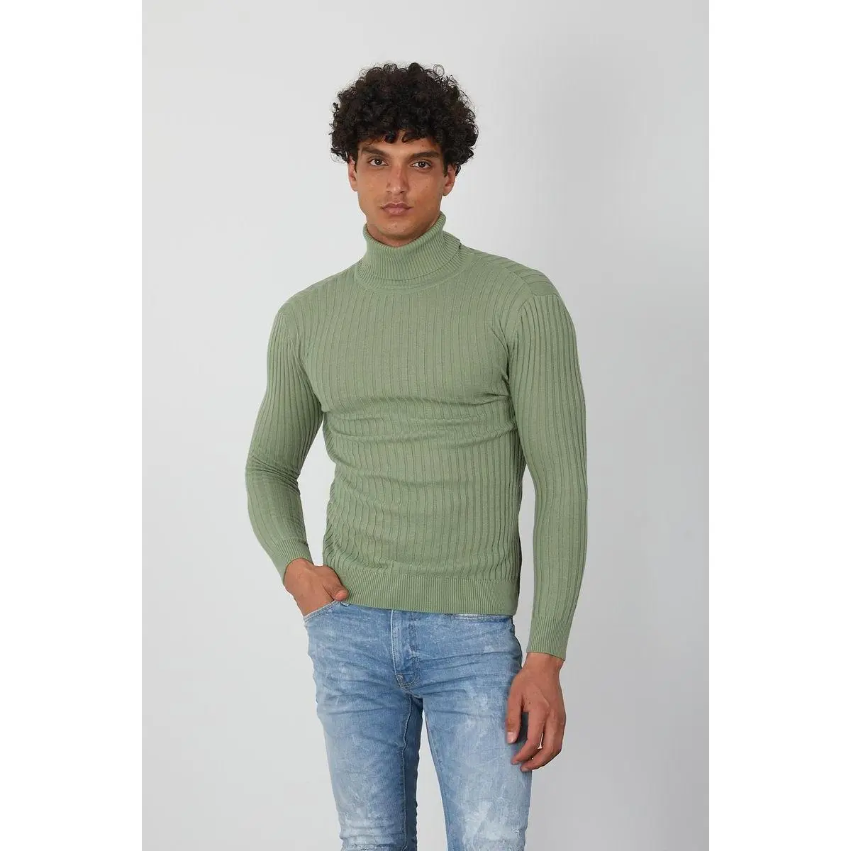 Men’s Sage Green Turtleneck Sweater – Slim Fit Ribbed Knit Pullover by One in a Million