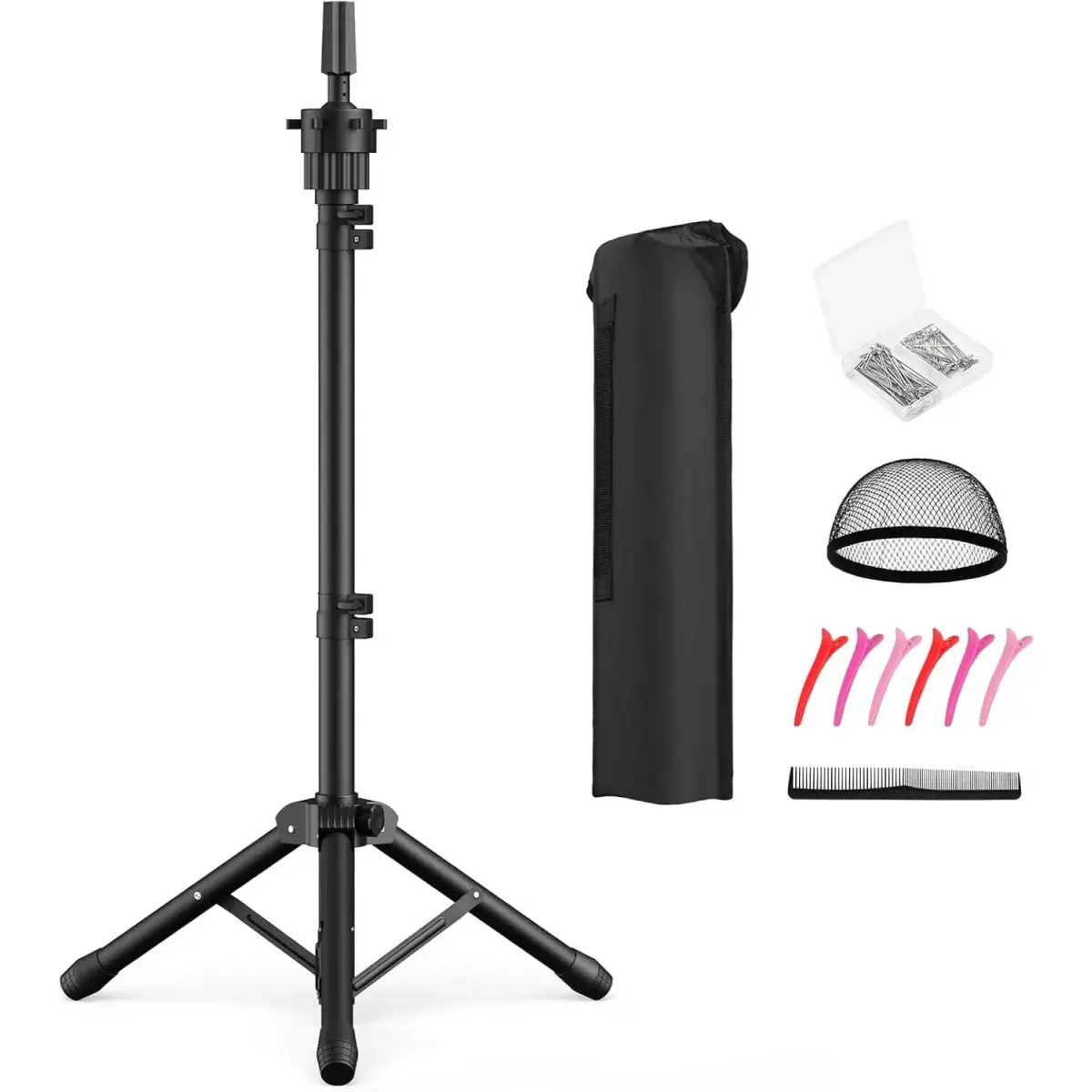 Wig  Stand 50 Inches, Height Adjustable Tripod Wig Stand, Salon Mannequin  Stand with Anti-Slip Base for Styling, Wig Display Barber , Beauty School (Black)