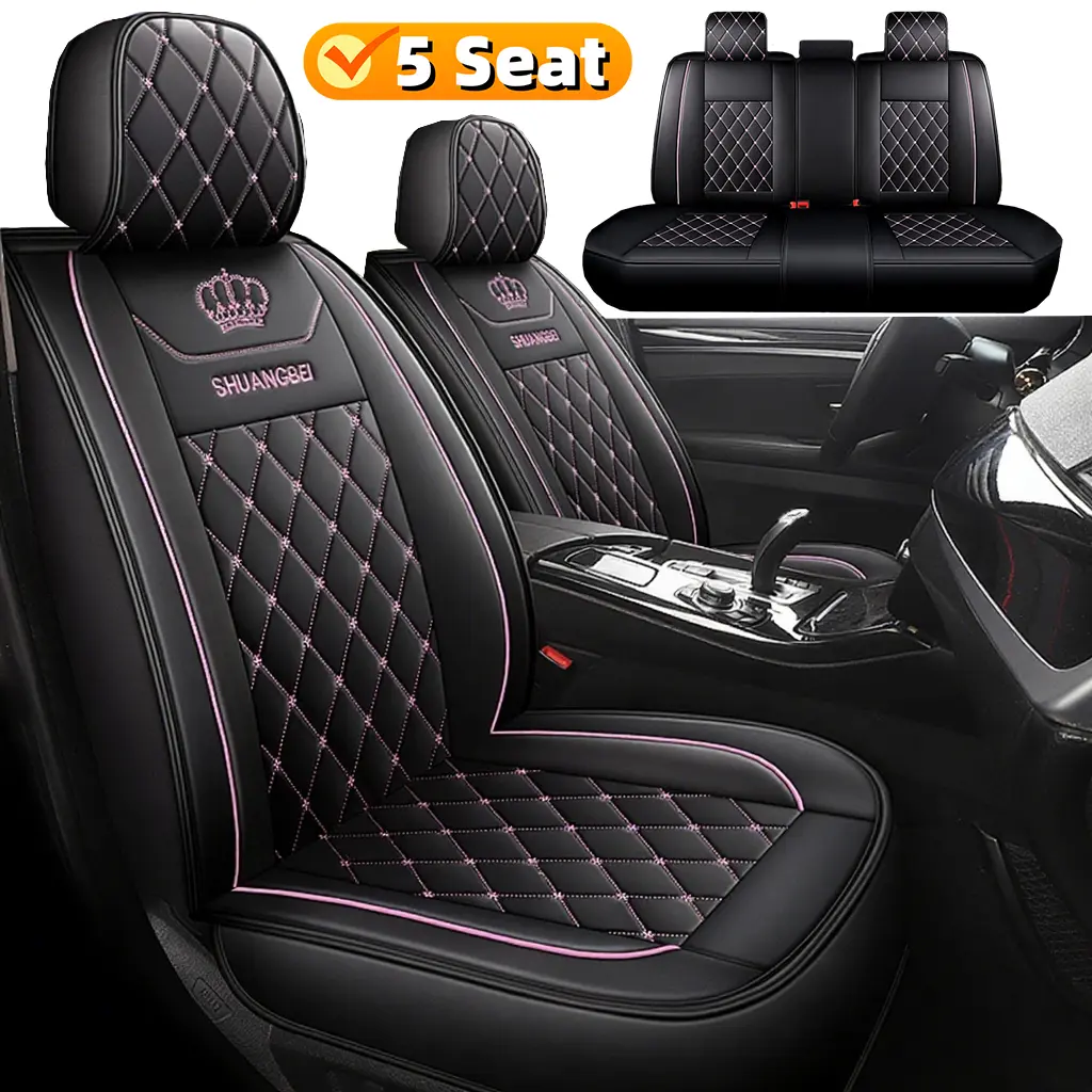 car seats covers Crown Embroidery 5-Seat Waterproof PU Leather Car Seat Covers Fully Wrapped Wear-Resistant Wrinkle-Resistant Scratch-Resistant for All Vehicles All Seasons