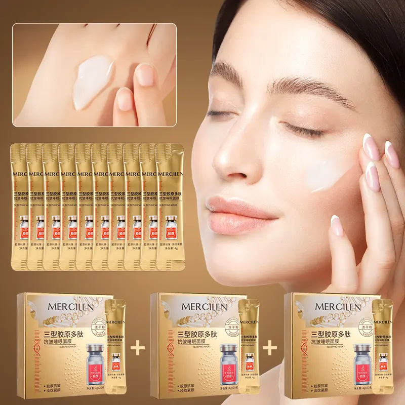 3 Boxes Mercilen Collagen Peptide Sleep Mask, Moisturizing Sleeping Mask, Collagen Night Mask, Collagen Hydration Mask, Hydrating & Firming Skin, Deep Cleansing Brightening, Travel-Friendly, for Men & Women, Beauty Products