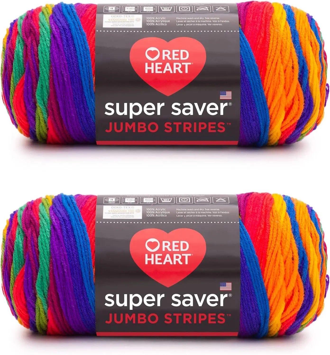 Red Heart Super Saver Jumbo Favorite Stripe Yarn - 2 Pack of 283g/14oz - Acrylic - 4 Medium (Worsted) - 482 Yards - Knitting/Crochet