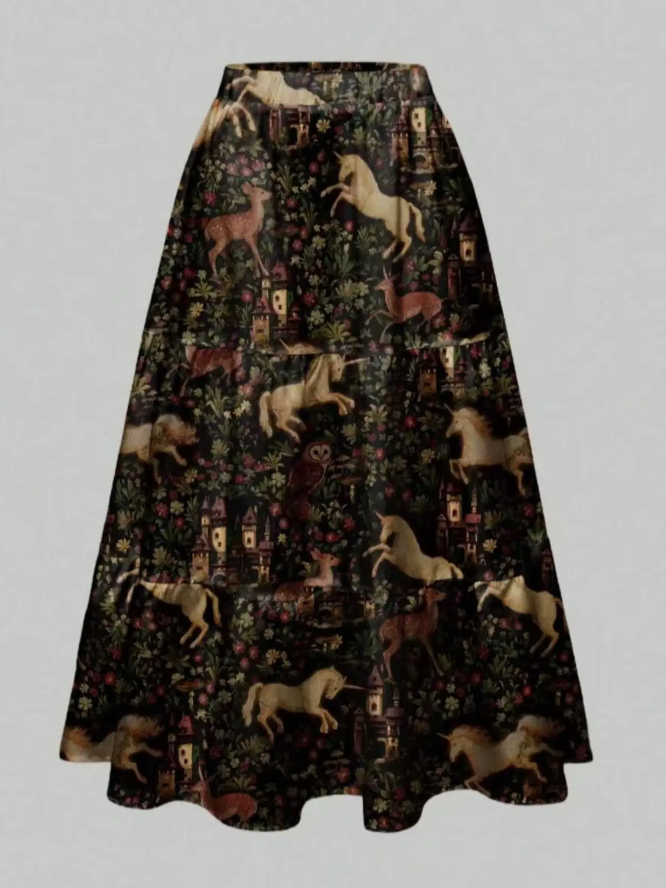 Gothic Dark Mystery Halloween Print Multi-Layer Cake Skirt (women's), Gothic Style Skirt, Stylish Women's Dress, Perfect for Halloween Parties, Womenswear, Casual, Fitted, Animal Print, Long Length Piece, Vintage Skirt, Multilayer Cake Skirt