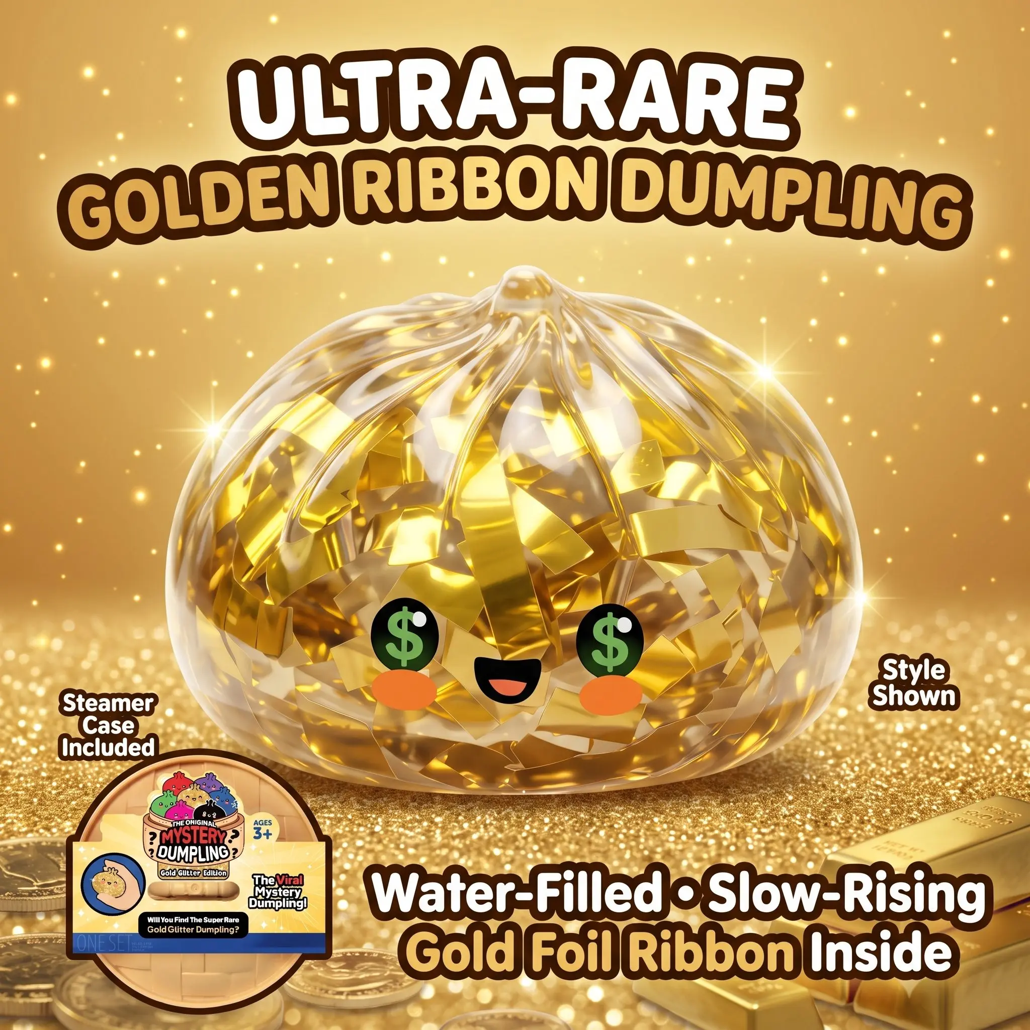 Gold Glitter Dumpling Squishy - Water-Filled Slow-Rising Squishies Toys, Golden Ribbon Sensory Stress Relief Fidget Toy with Steamer Case, Unisex Collectibles, Perfect Gift for Birthdays, Fidget Toys