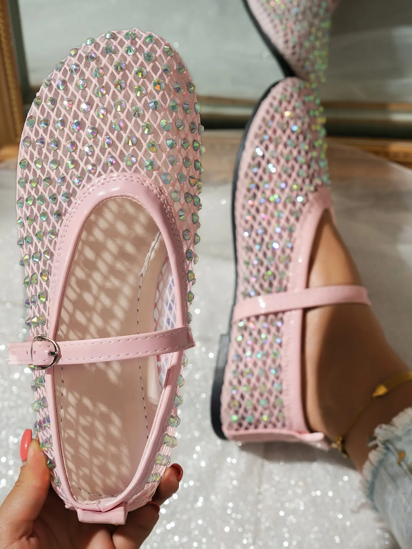 Women's Sweet Rhinestone Mesh Mary Jane Shoes, Buckle Breathable Soft Sole Ballet Style Decor, Elegant Low Ankle Open Toe Sandals, Flat Shoe