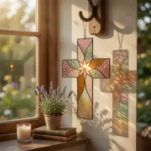 Personalized Cross Suncatcher | Stained Glass Style Window Hanging for Wedding Favors & Baptism Gifts | Christian Keepsake Decor